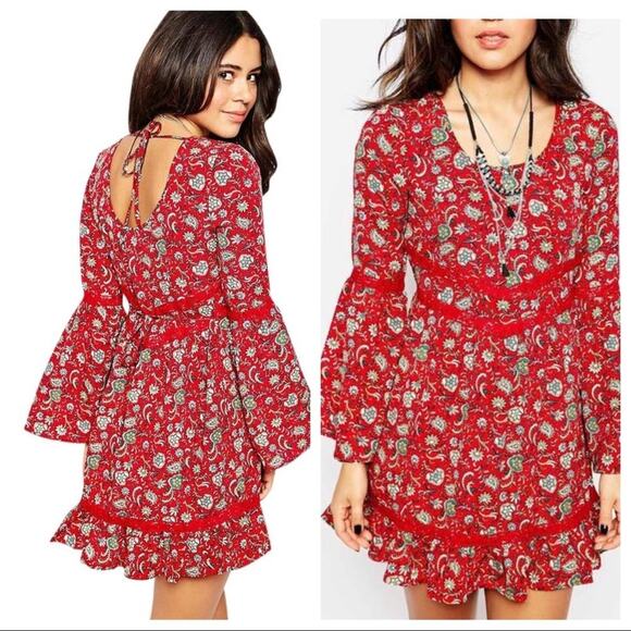 Band of Gypsies Red Lace Bell sleeve Mini Dress Size XS Floral Print - Picture 2 of 8